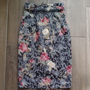 Antonio Melani Womens Dark Floral Jacquard Belted Pencil Skirt Sz 0 Office Boho